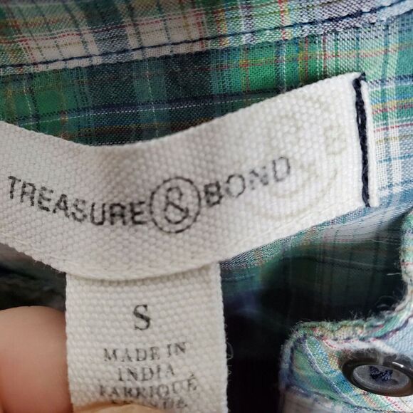 Treasure & Bond 1/2 Button Long Sleeve Plaid Shirt Green Womens Small Cotton - Picture 7 of 10